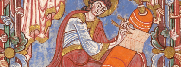 postada de un manuscrito medieval en la que aparece un maestro con un papiro