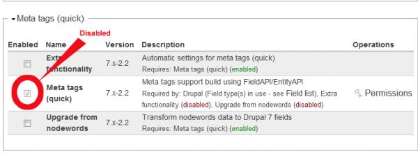 imagen de la página de activación del módulo en drupal