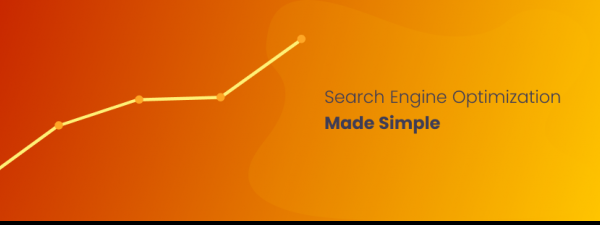 Sobre un fondo naranja y una línea de un gráfico, el texto "Sear Engine Optimization Made Simple"
