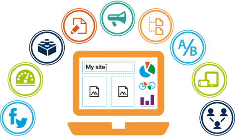 pantalla de un ordenado construyendo un sitio web junto a iconos de distintas funcionalidades