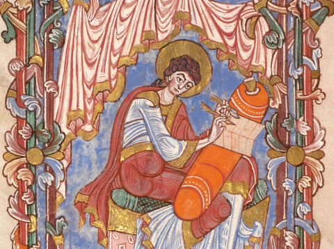 postada de un manuscrito medieval en la que aparece un maestro con un papiro