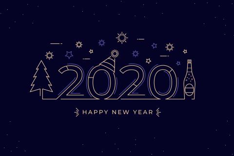 número 2020 acompañado del dibujo de motivos navideños sobre fondo azul y el textp "Happy New Year"