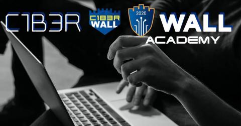 Imagen de fondo de una persona frente a un ordenado y el texto C1B3RWALL Academy + Logo
