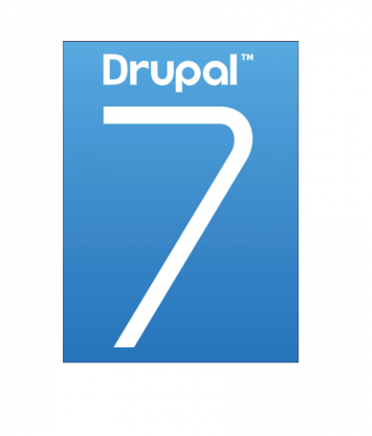 Número 7 sobre fondo azul y el texto de Drupal