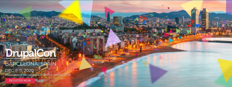 Imagen de la ciudad de Barcelona con el texto DrupalCon Barcelona y la fecha de celebración del evento