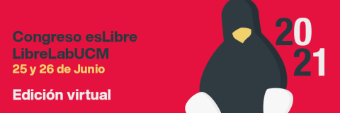 Sobre fondo rojo, dibujo de un pingüino y el texto anunciando el congreso esLibre 2021